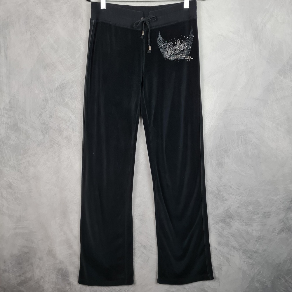 BCBG Y2K Velour Pants Womens Medium Black Wing Logo Rhinestone Studded